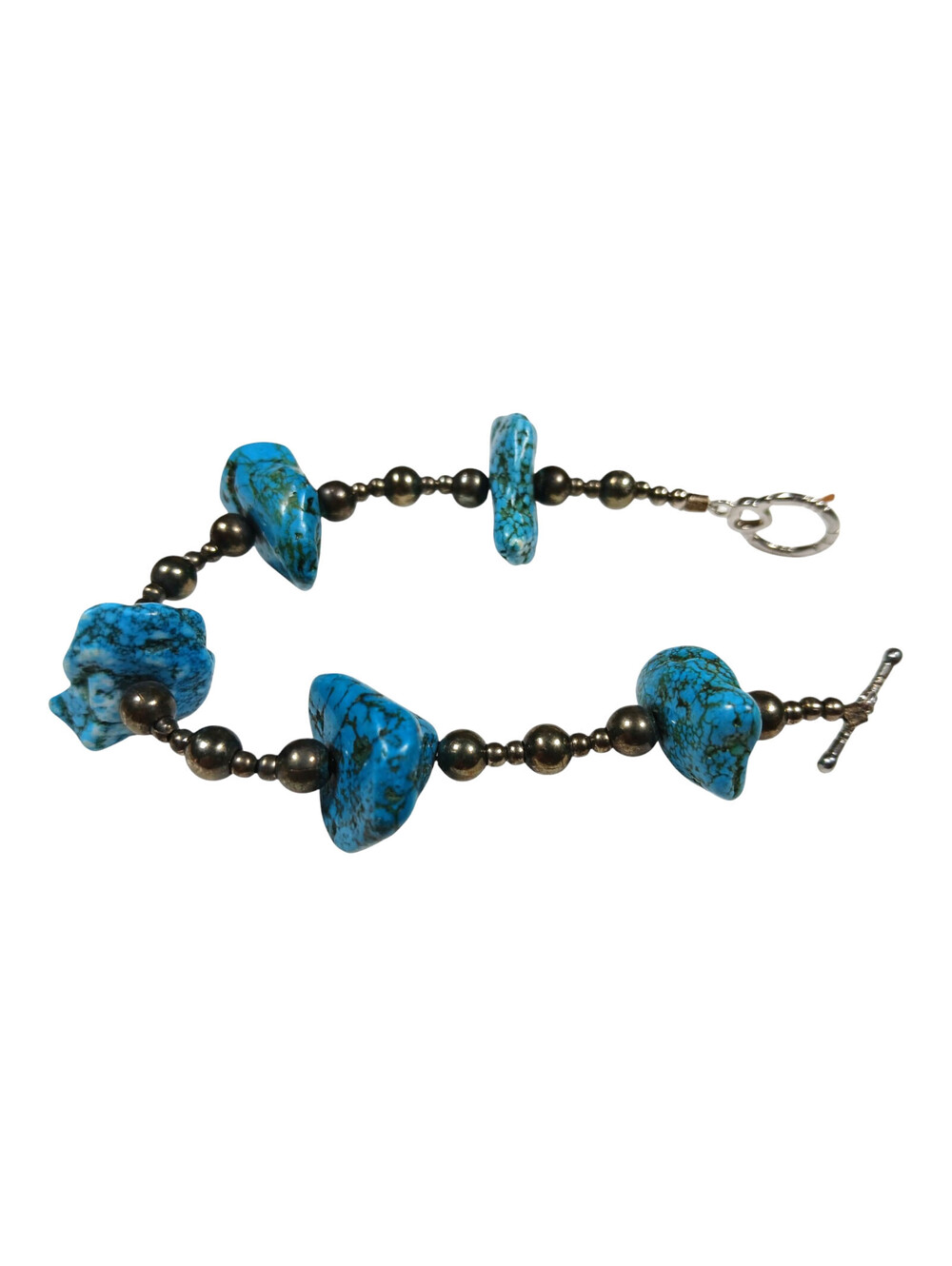 Blue Turquoise & Sterling Silver Beads Toggle Clasp Bracelet for 6" Wrist